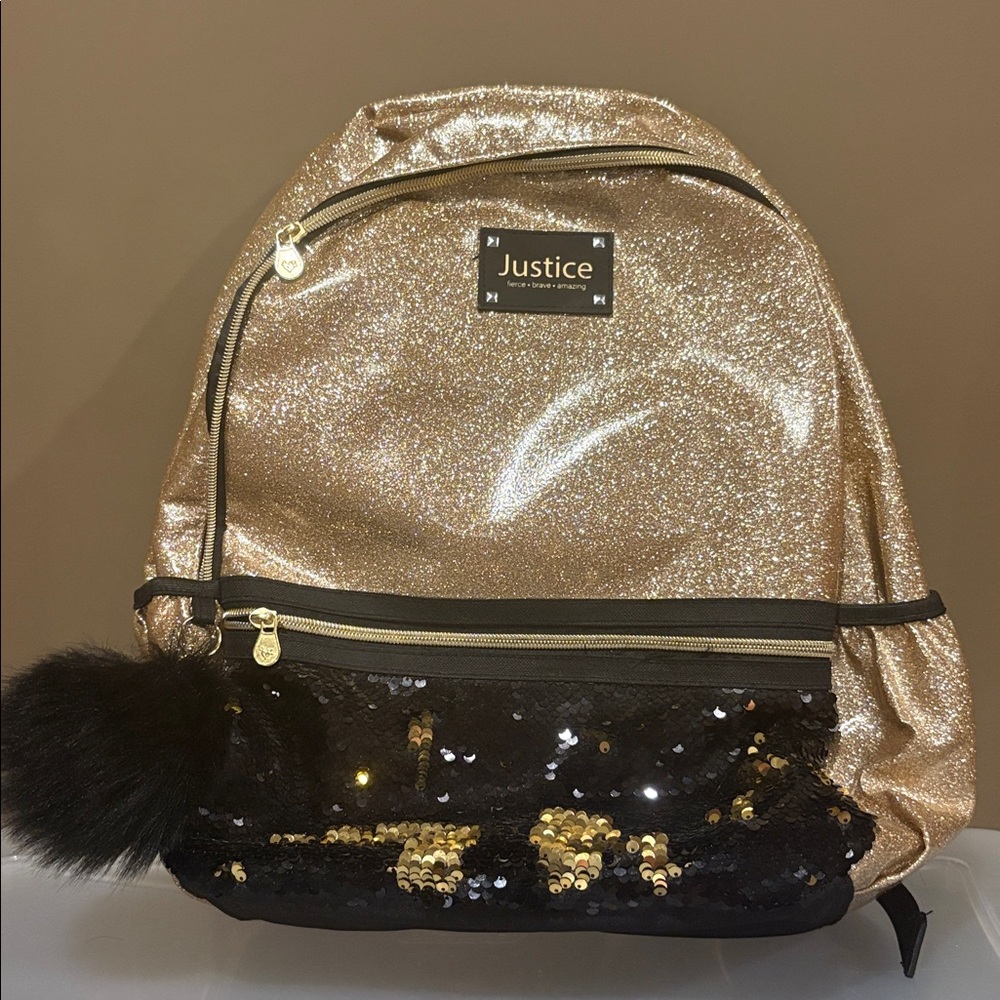 Justice Sparkling Gold Backpack with Black Sequin Accents